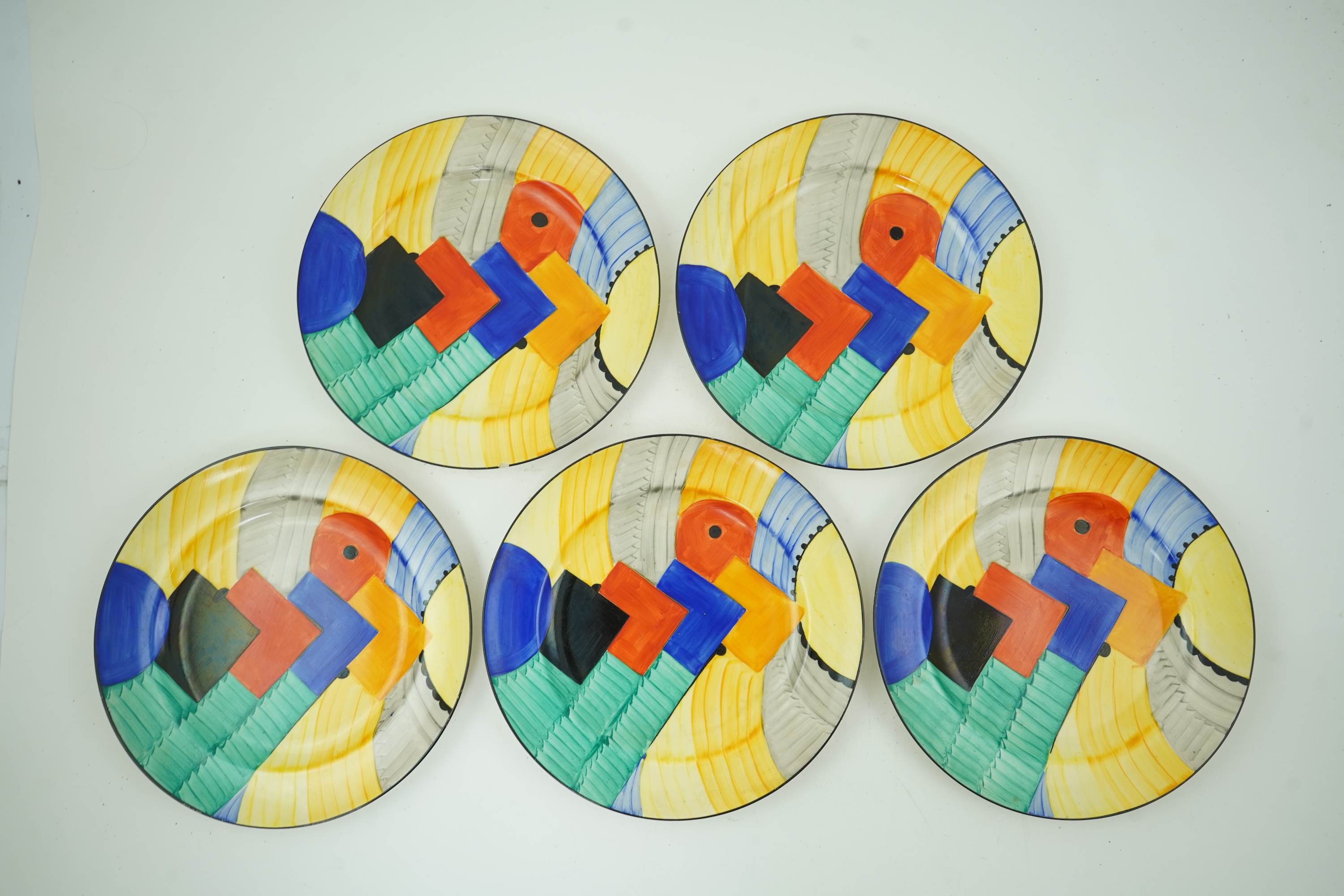 Susie Cooper OBE (1902-1995) for Gray's pottery: A set of five Cubist pattern plates